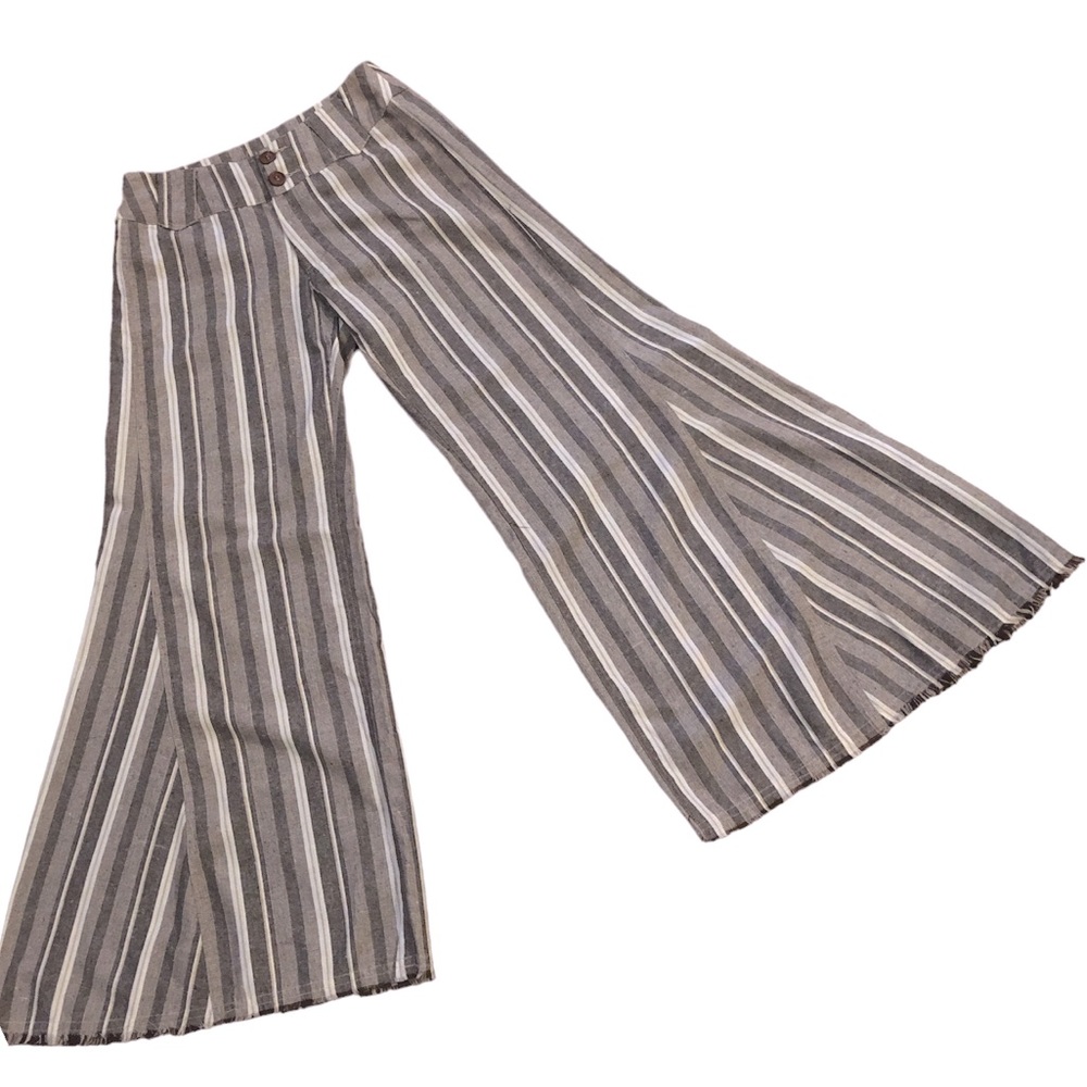 UMGEE STRIPED BELL BOTTOM FRINGED STRIPED PANTS BROWN CREAM SIZE SMALL